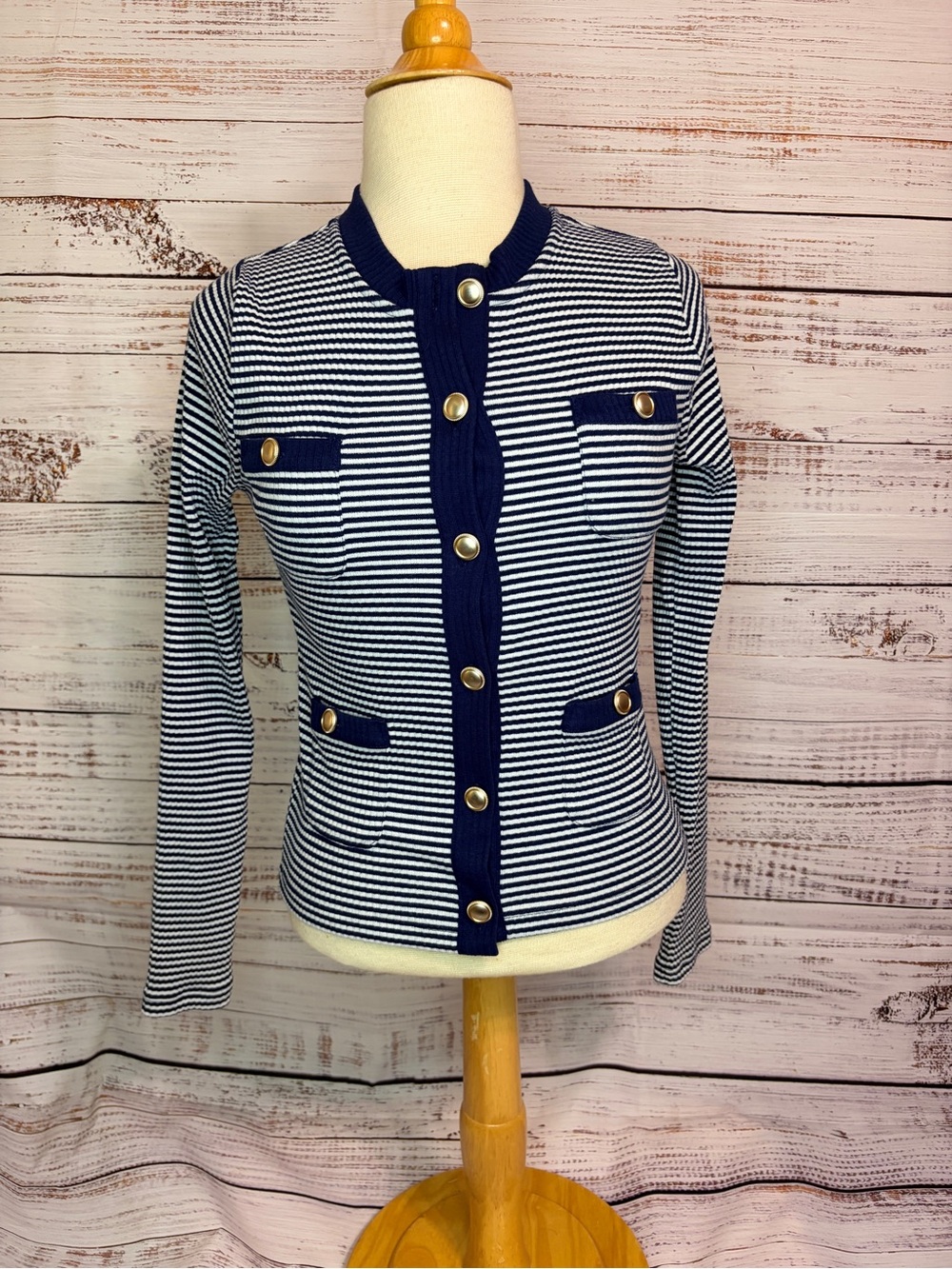 Loft Striped Navy & White Button Front Women’s Cardigan Jacket